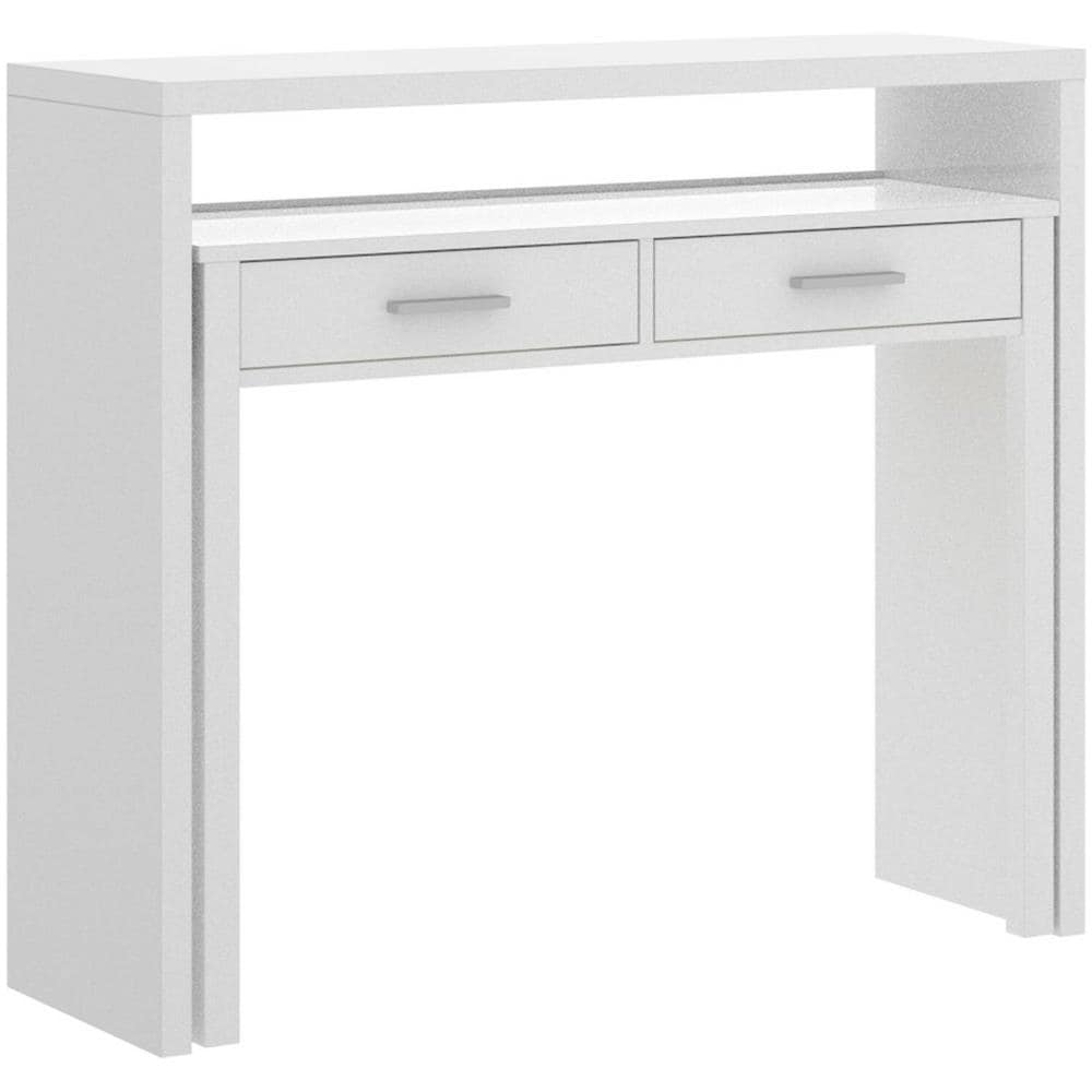 Scrivania Losetta, Scrittoio Multiposizione Con Piano Estraibile, Consolle Da Studio Lineare Con 2 Cassetti, 99x70h88 Cm, Bianco - Foto 2
