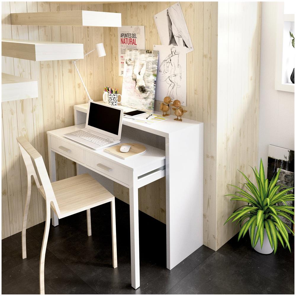 Scrivania Losetta, Scrittoio Multiposizione Con Piano Estraibile, Consolle Da Studio Lineare Con 2 Cassetti, 99x70h88 Cm, Bianco - Foto 4