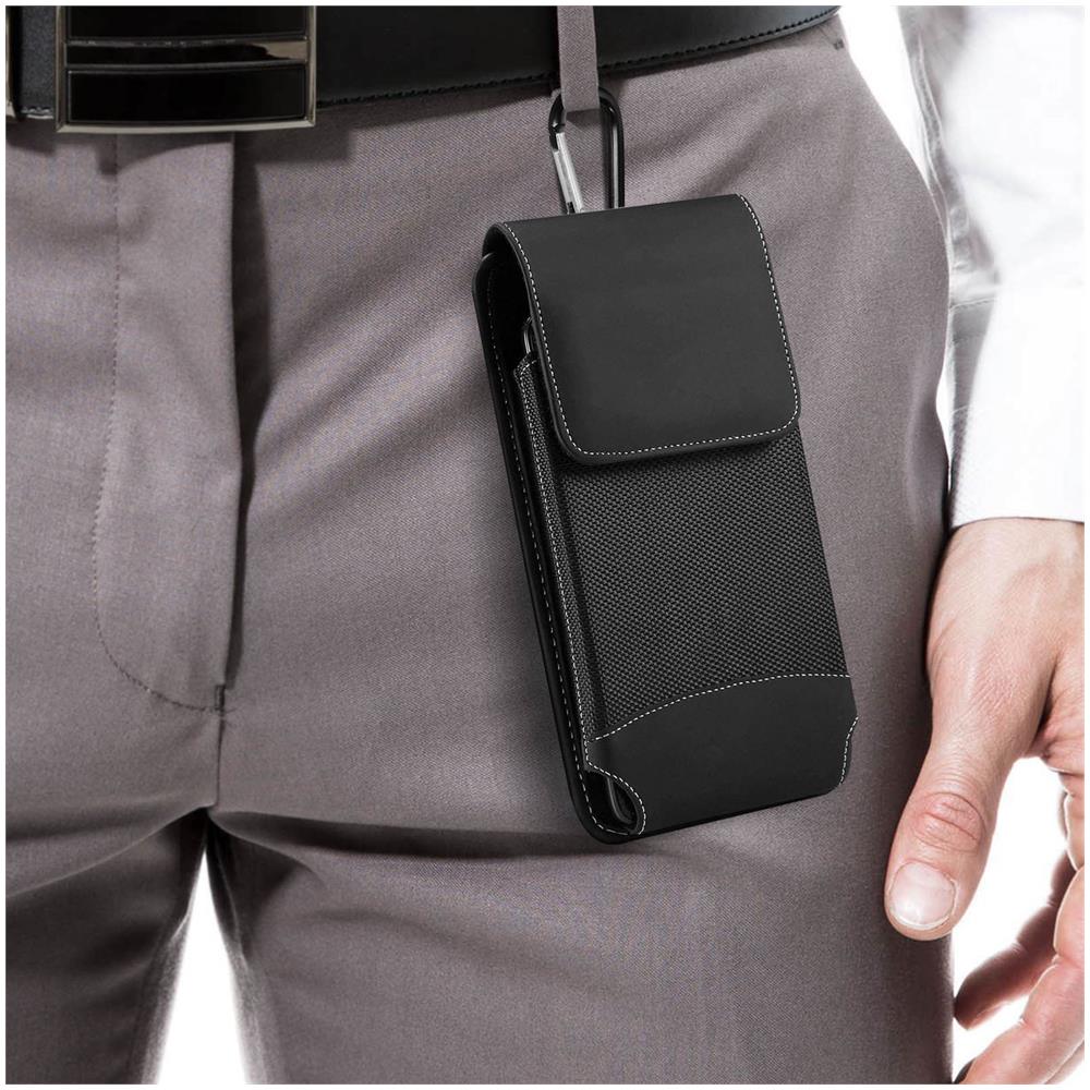 Custodia Da Cintura Verticale Per Smartphone, in Nylon Oxford, Moschettone Nera - Foto 2
