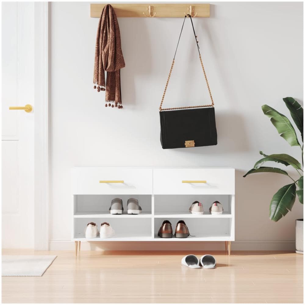 Panca Porta Scarpe Bianco Lucido 102x35x55 Cm Legno Multistrato - Foto 1