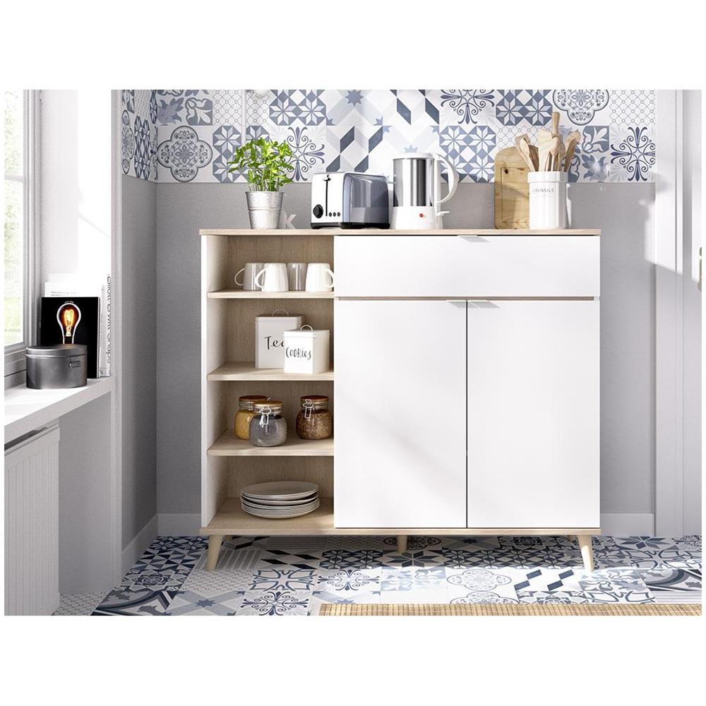 Credenza Per Cucina 2 Ante, 1 Cassetto E 4 Nicchie Bianco E Rovere - Wajdi - Foto 1