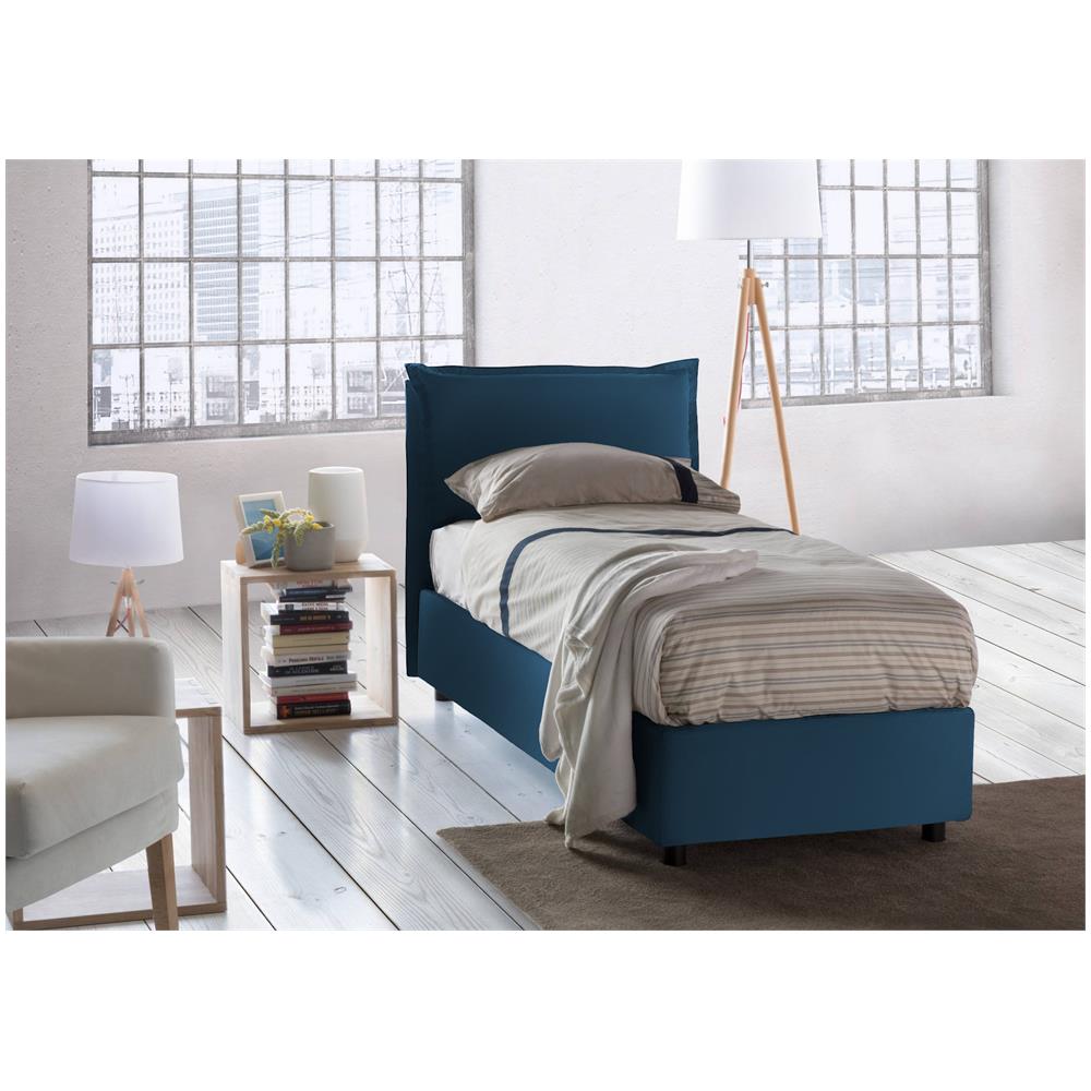 Letto Singolo Rossella, Letto Contenitore Con Rivestimento In Tessuto, 100% Made In Italy, Apertura Frontale, Con Materasso Cm 80x200 Incluso, Blu - Foto 1
