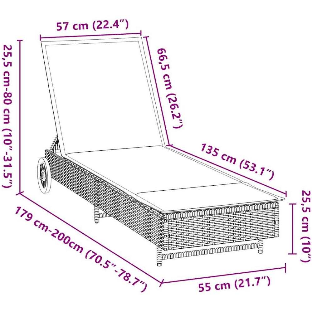 Lettino Prendisole con Ruote e Cuscino in Polyrattan Marrone - Foto 10