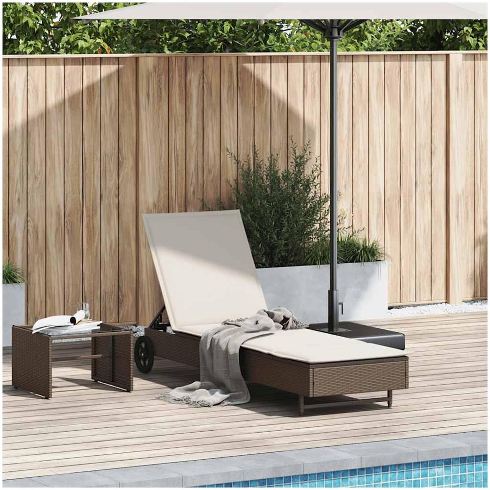 Lettino Prendisole con Ruote e Cuscino in Polyrattan Marrone - Foto 2
