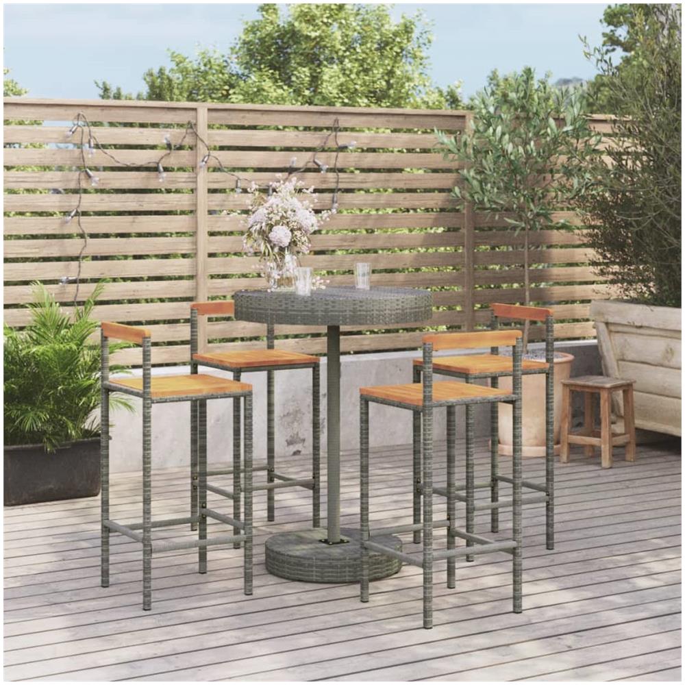 Set Bar Giardino 5pz Grigio Polyrattan E Legno Massello Acacia - Foto 1