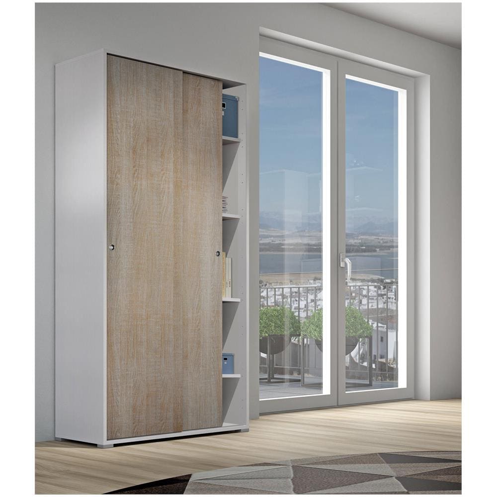 Guardaroba Dalia, Armadio A 2 Ante Scorrevoli E 4 Ripiani, Mobile Moderno Multiuso Per Camera Da Letto, 100% Made In Italy, 90x45h195 Cm, Rovere E Bianco - Foto 1