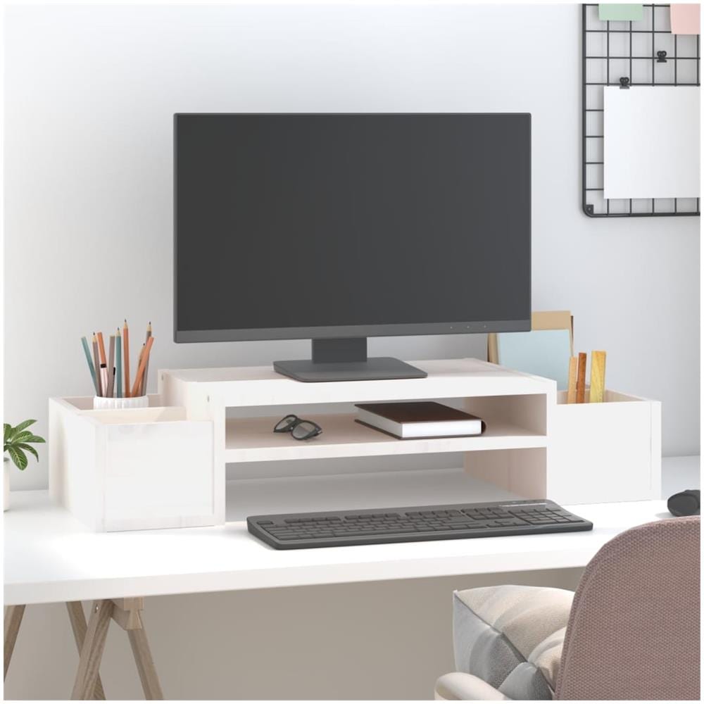 Supporto Per Monitor Bianco 70x27,5x15cm Legno Massello Di Pino - Foto 3
