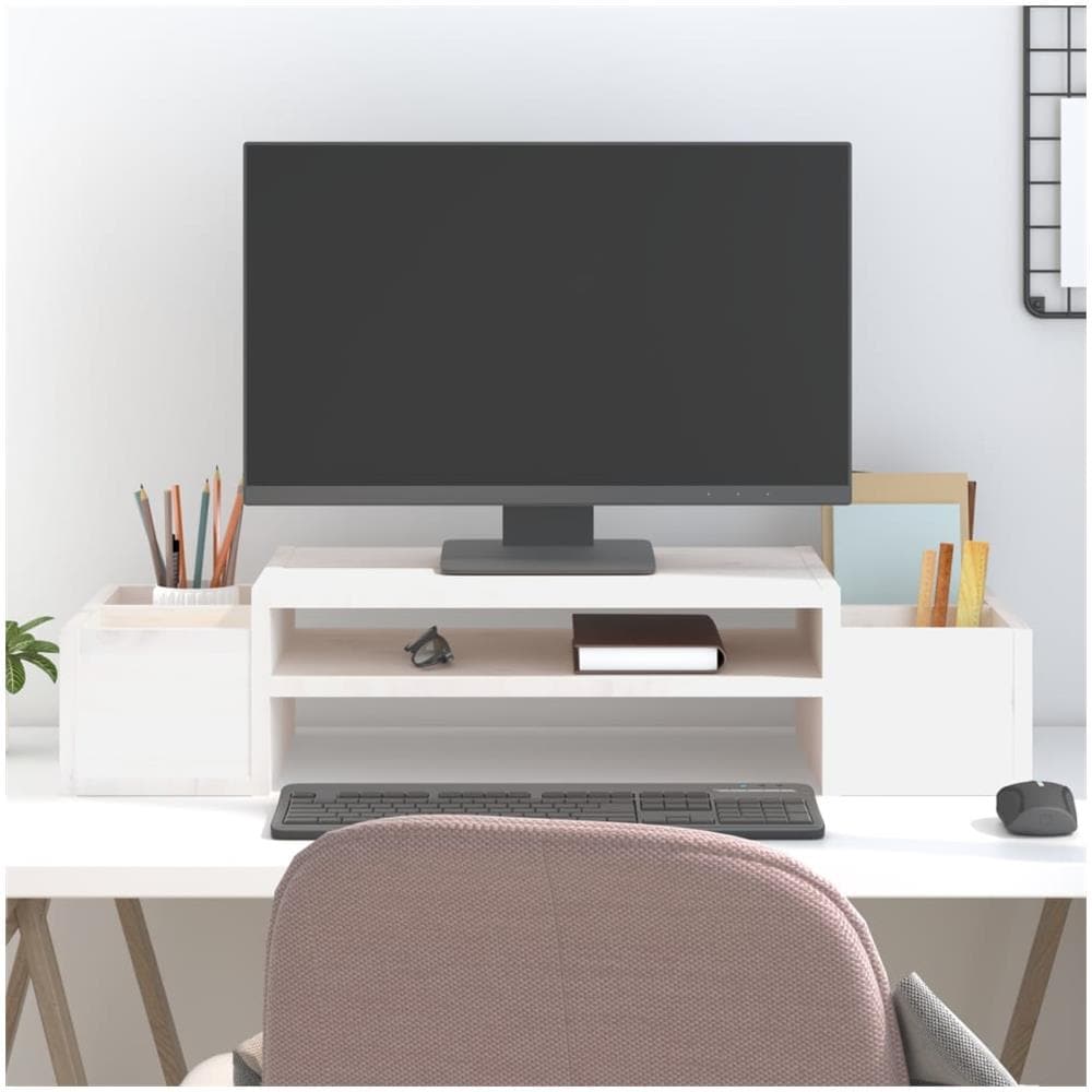 Supporto Per Monitor Bianco 70x27,5x15cm Legno Massello Di Pino - Foto 1