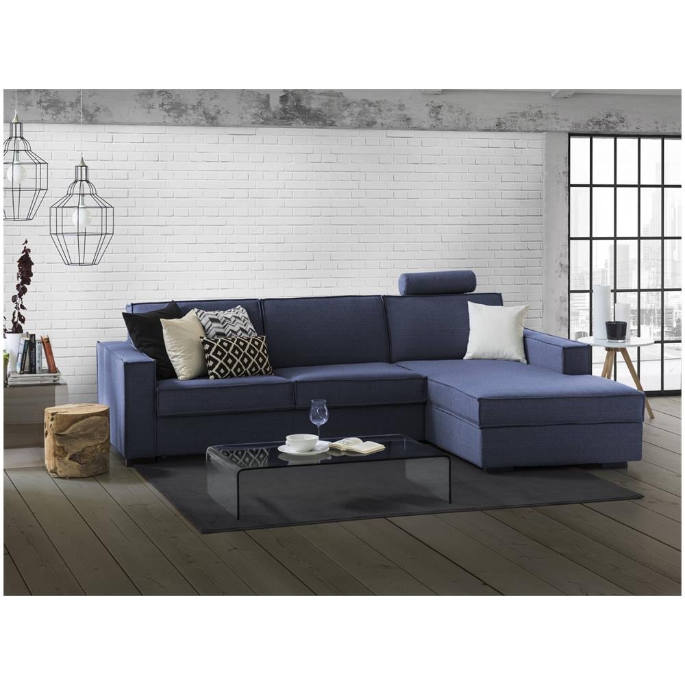 Divano Fisso Perla, Divano Ad Angolo, 100% Made In Italy, Sofà Soggiorno Con, Penisola Contenitore Sinistra, Con Braccioli Slim, Cm 260x95h90, Blu - Foto 1
