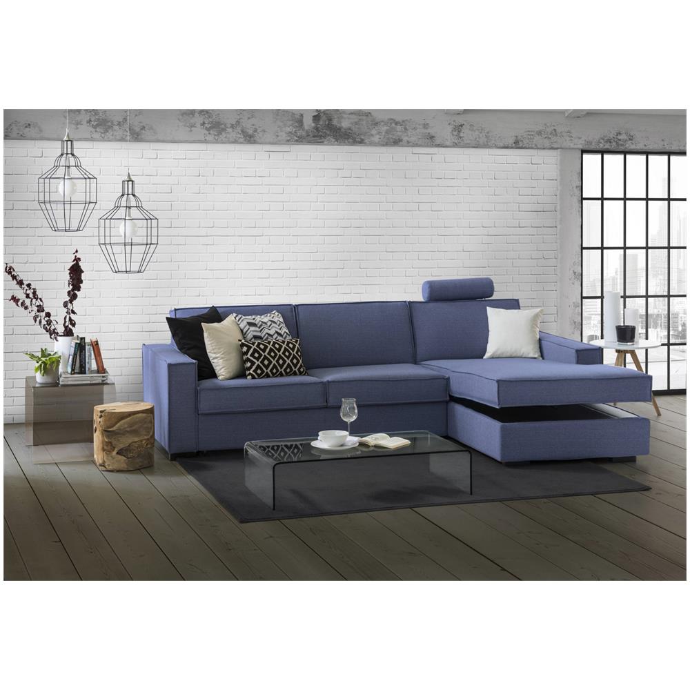 Divano Fisso Perla, Divano Ad Angolo, 100% Made In Italy, Sofà Soggiorno Con, Penisola Contenitore Sinistra, Con Braccioli Slim, Cm 260x95h90, Blu - Foto 2