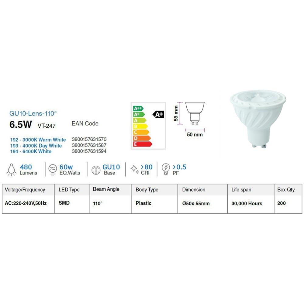 Faretti Led 6,5w Gu10 Samsung Chip Smd Spotlight Luce Calda 3000k Vt-247 192 - Foto 2