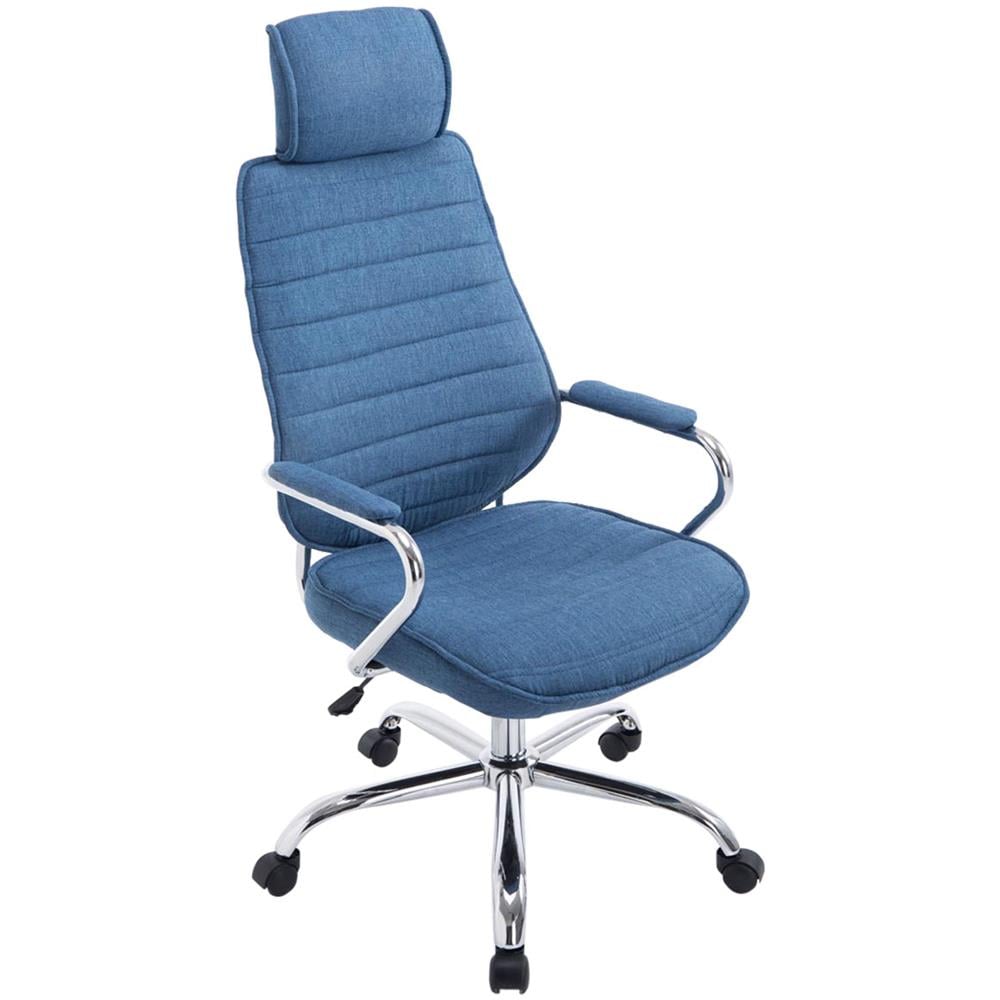 Poltrona da Ufficio Rako con Poggiatesta in Tessuto e Metallo - Poltrona Direzionale Regolabile 46-57cm - Sedia Imbottita con Braccioli e Ruote Blu - Foto 1