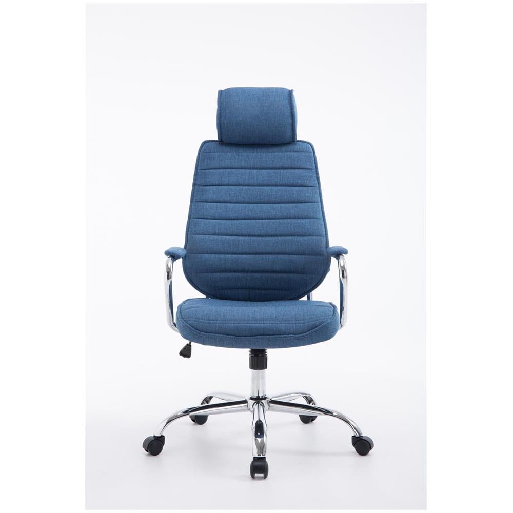 Poltrona da Ufficio Rako con Poggiatesta in Tessuto e Metallo - Poltrona Direzionale Regolabile 46-57cm - Sedia Imbottita con Braccioli e Ruote Blu - Foto 2