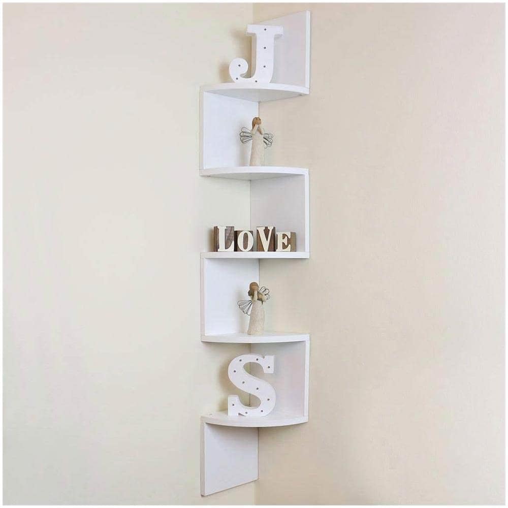 Libreria Scaffale Mensole Parete Angolare Moderna 5 Ripiani Ad Angolo Bianco - Foto 2
