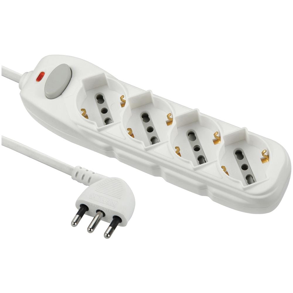 62070 Multipresa 5 posti polivalenti (schuko + 10/16A) con interruttore - cavo 1,5 m bianco - Foto 1