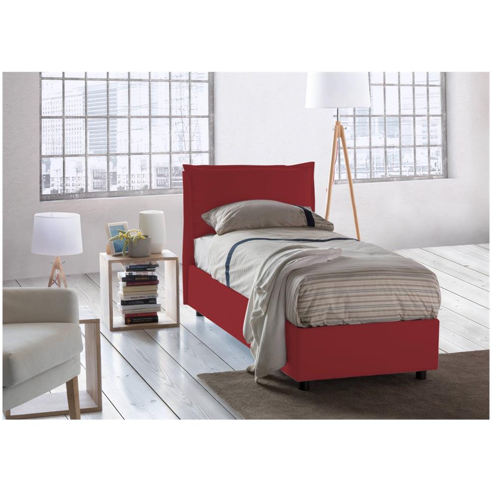 Letto Singolo Rossella, Letto Contenitore Con Rivestimento In Tessuto, 100% Made In Italy, Apertura Frontale, Con Materasso Cm 80x200 Incluso, Rosso - Foto 1