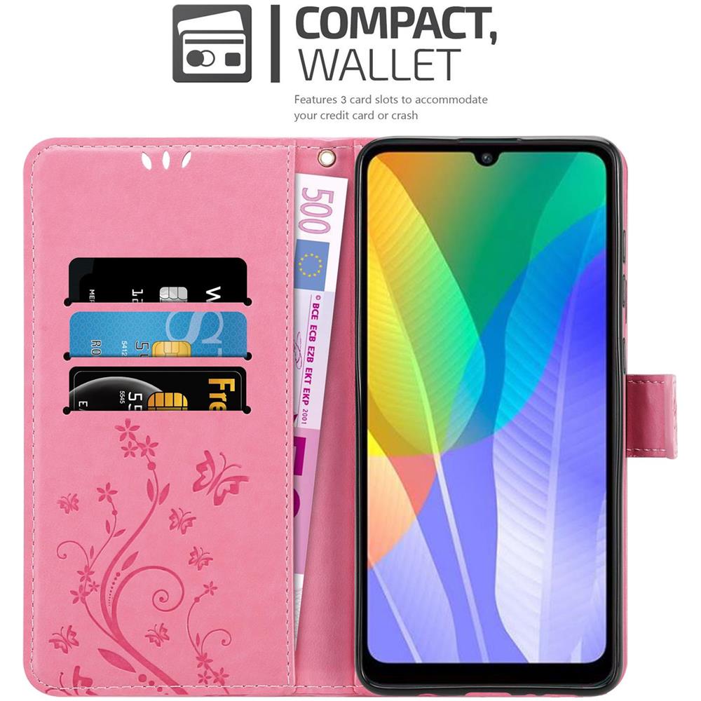 Custodia Compatibile Con Huawei Y6p In Rosa Fiore - Coperchio Protettivo In Design Floreale Con Chiusura Magnetica, Funzione Stand E Slot Per Carte - Foto 2