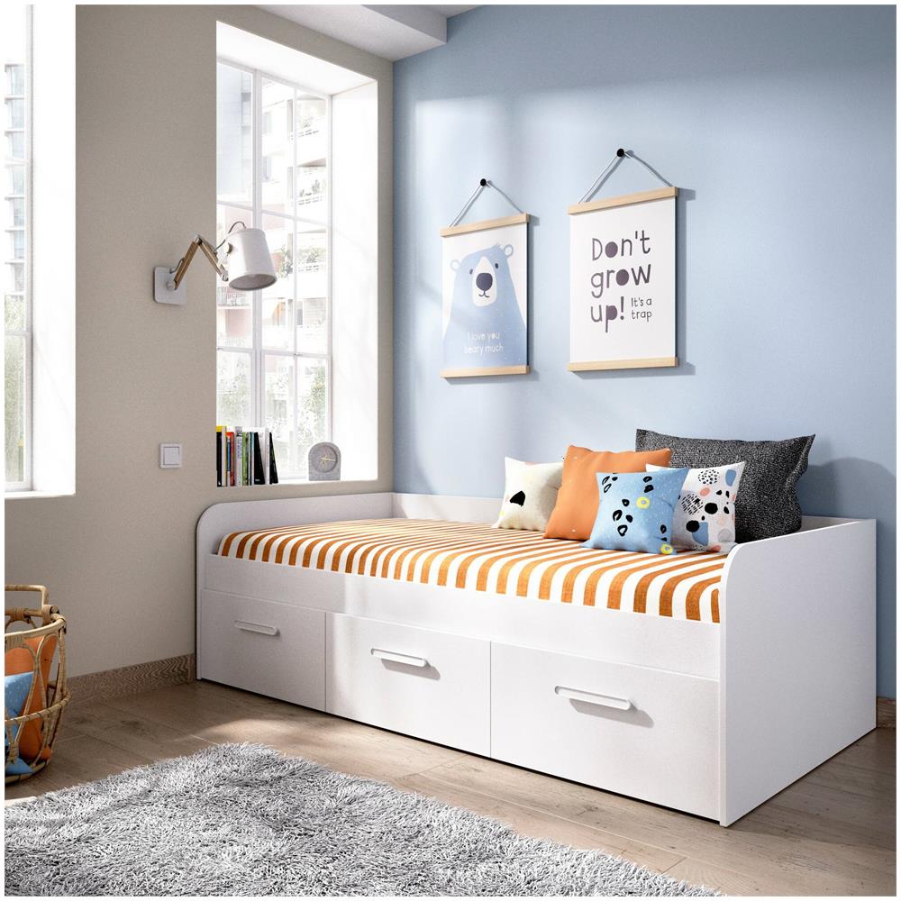 Letto Per Bambini Adamello, Lettino Contenitore Per Cameretta, Struttura Per Letto Singolo Con 3 Cassettoni, 194x97h60 Cm, Bianco - Foto 1