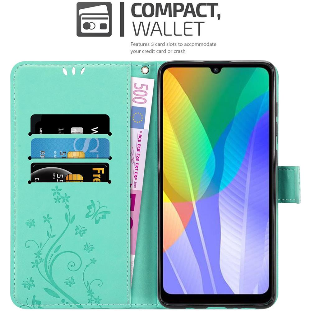 Custodia Compatibile Con Huawei Y6p In Turchese Fiore - Coperchio Protettivo In Design Floreale Con Chiusura Magnetica, Funzione Stand E Slot Per Carte - Foto 2