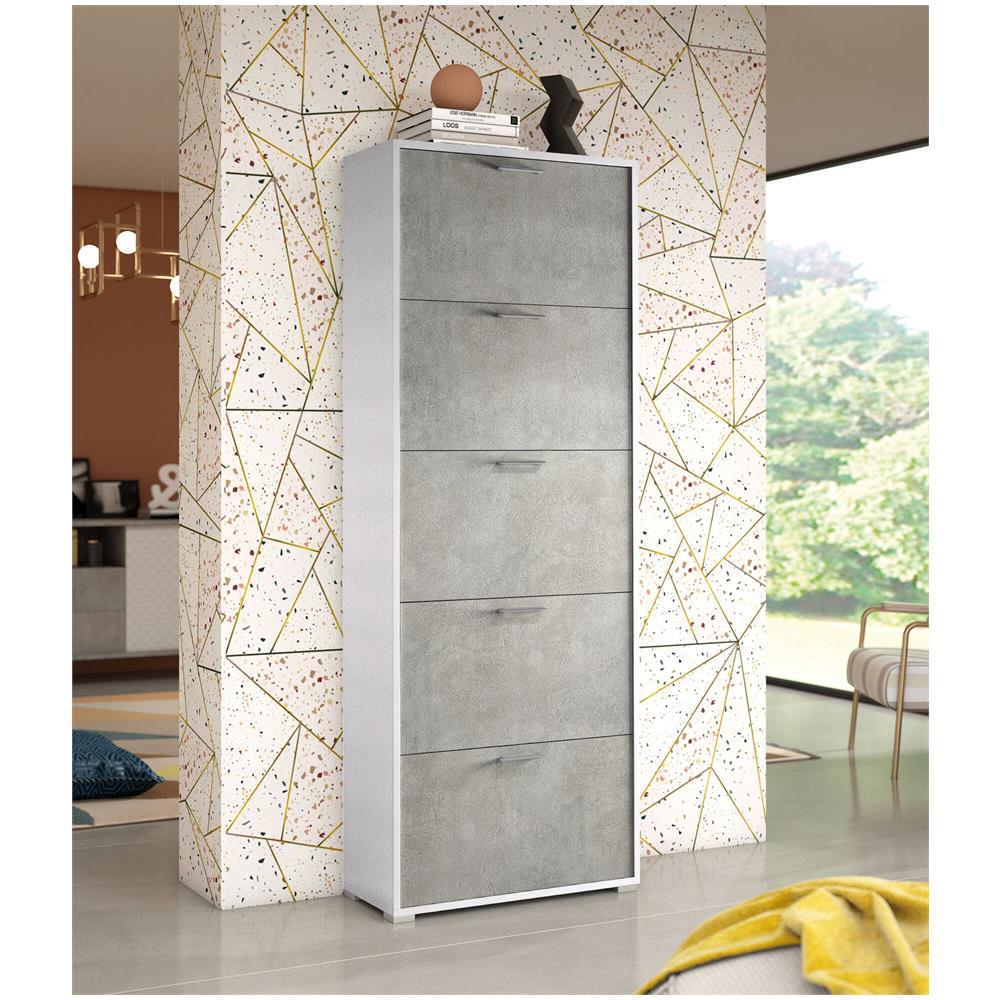 Scarpiera Surfinia, Mobile Multiuso Da Ingresso Con 5 Ante A Ribalta, Armadietto Portascarpe A Doppia Profondità, 100% Made In Italy, 67x28h183 Cm, Bianco E Cemento - Foto 1