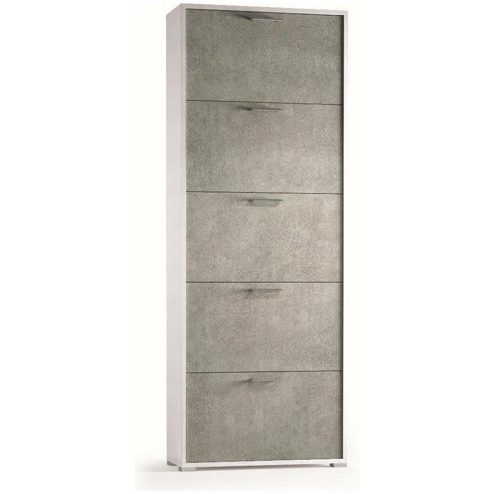 Scarpiera Surfinia, Mobile Multiuso Da Ingresso Con 5 Ante A Ribalta, Armadietto Portascarpe A Doppia Profondità, 100% Made In Italy, 67x28h183 Cm, Bianco E Cemento - Foto 2