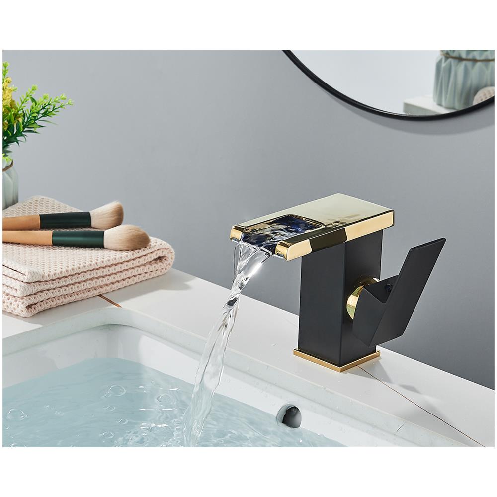 Rubinetto per lavabo da bagno, Blackswan, tipo M194, modello corto nero /oro con bocca a cascata e LED, misura 12,5 cm - Foto 4