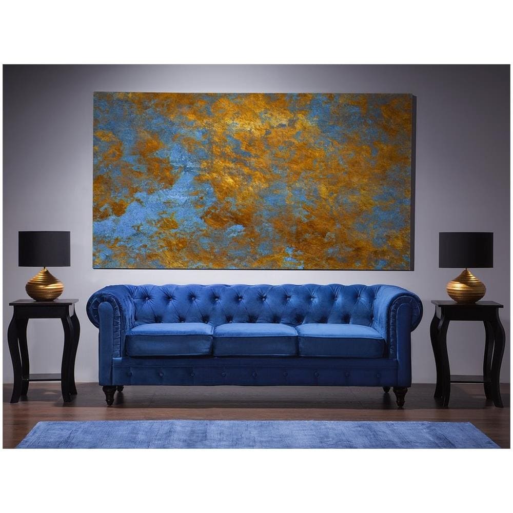 Divano Vintage A 3 Posti In Tessuto Blu Scuro Chesterfield - Foto 2