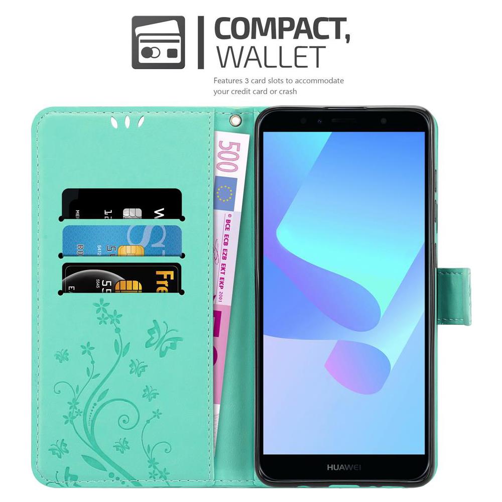 Custodia Compatibile Con Huawei Y6 Prime 2018/honor 7a In Turchese Fiore - Coperchio Protettivo In Design Floreale Con Chiusura Magnetica, Funzione Stand E Slot Per Carte - Foto 2