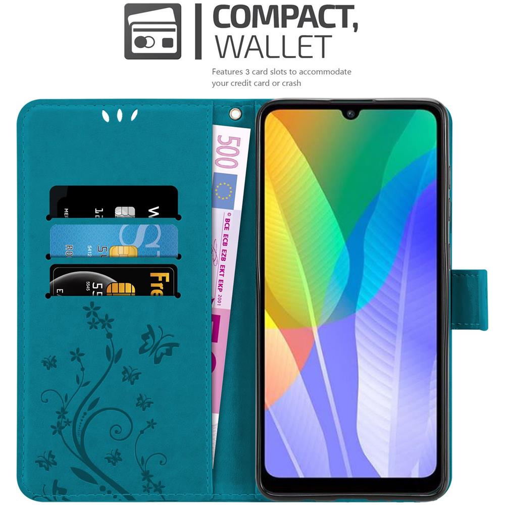 Custodia Compatibile Con Huawei Y6p In Blu Fiore - Coperchio Protettivo In Design Floreale Con Chiusura Magnetica, Funzione Stand E Slot Per Carte - Foto 2