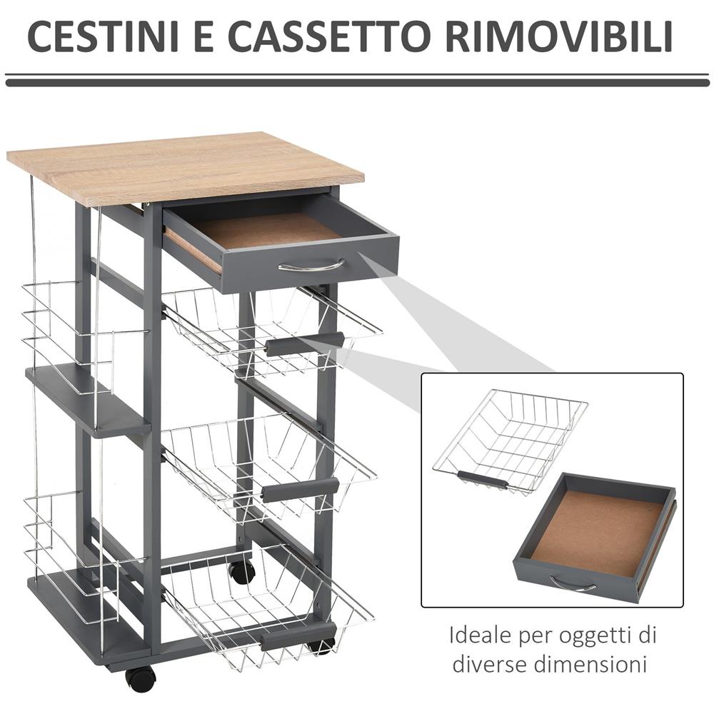 Carrello da Cucina con Cassetti Estraibili e 2 Portabottiglie, in Legno di Pino e Metallo, 47x37x83 cm - Foto 6
