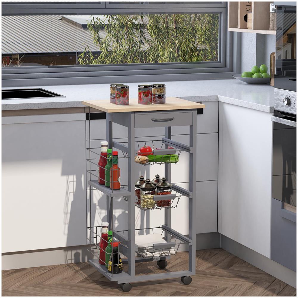 Carrello da Cucina con Cassetti Estraibili e 2 Portabottiglie, in Legno di Pino e Metallo, 47x37x83 cm - Foto 2