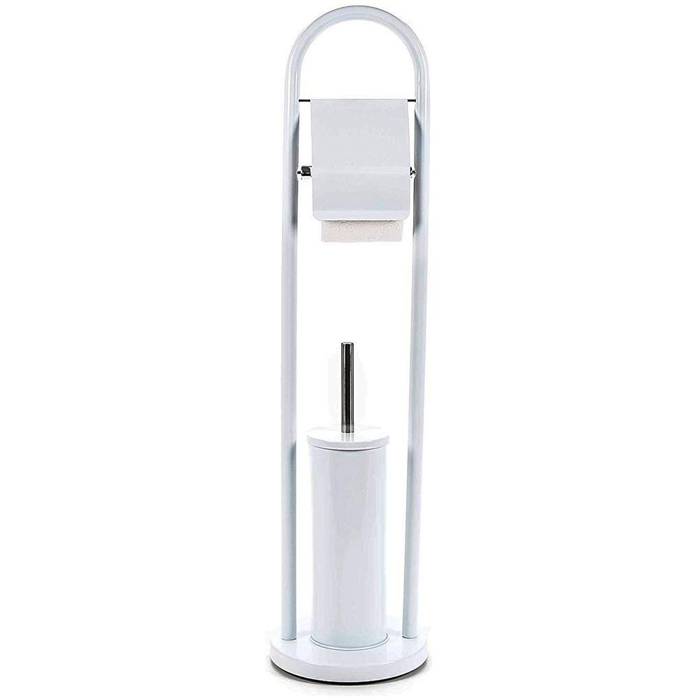 Portarotolo Con Portascopino Per Bagno In Metallo Con Spazzolone 20x80cm Bianco - Foto 2