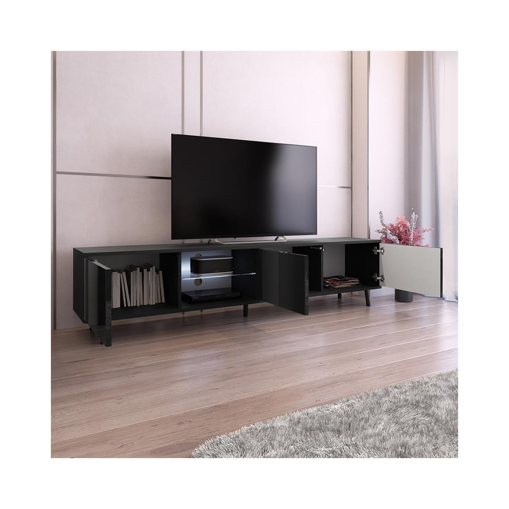 Galhad - Mobile Tv In Stile Scandinavo / Tavolino Tv Minimalista / Porta Tv Per Salotto / Luci Led / 175 Cm (Nero Opaco / Nero Lucido) - Foto 2