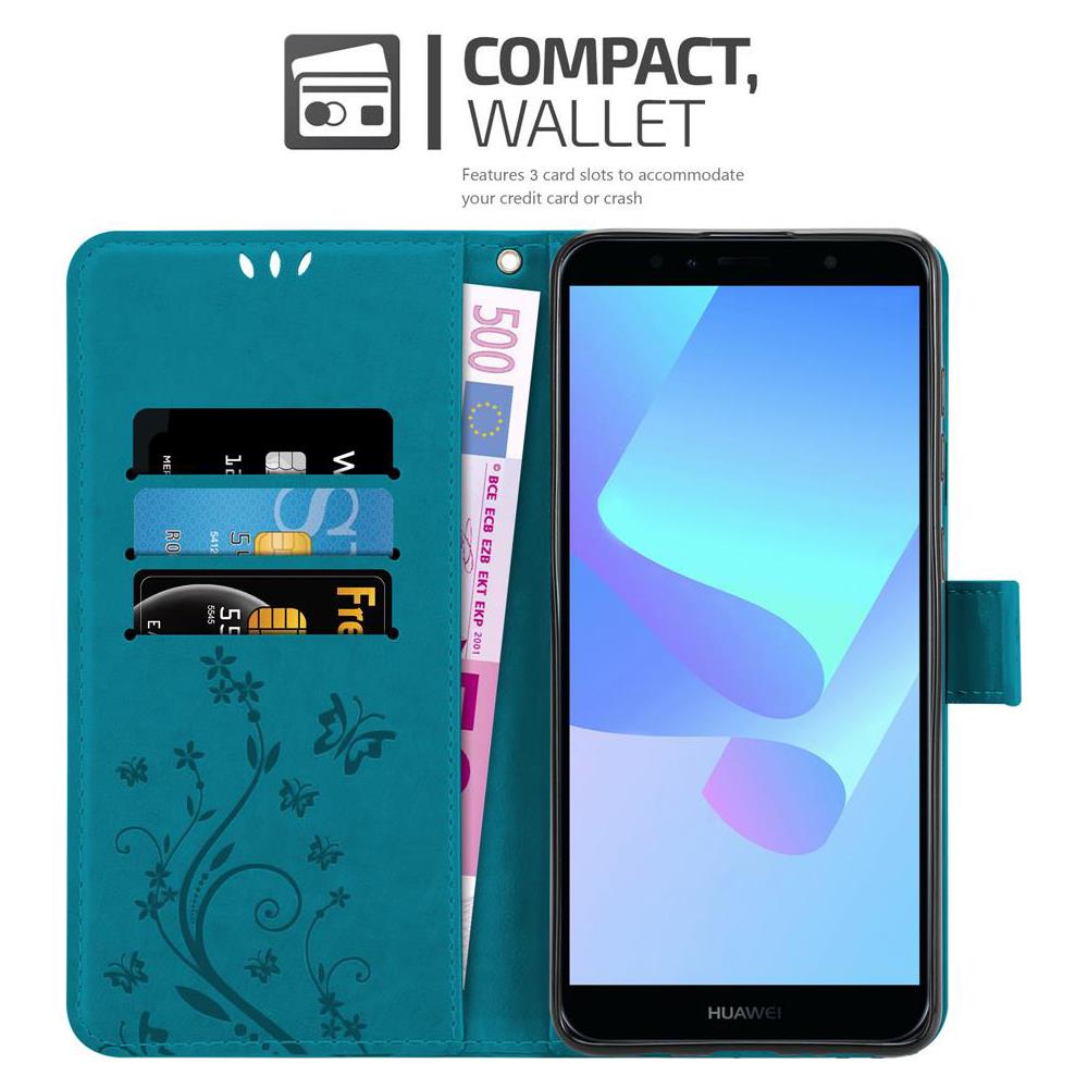 Custodia Compatibile Con Huawei Y6 Prime 2018/honor 7a In Blu Fiore - Coperchio Protettivo In Design Floreale Con Chiusura Magnetica, Funzione Stand E Slot Per Carte - Foto 2
