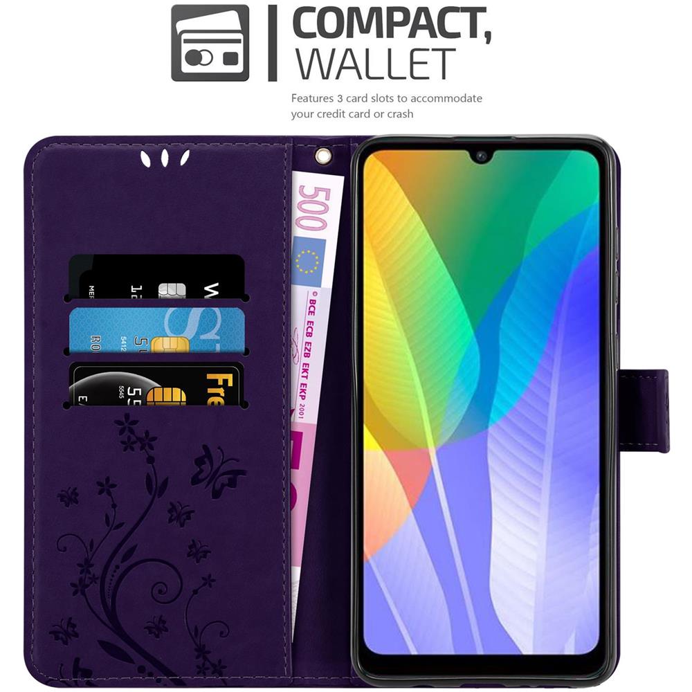 Custodia Compatibile Con Huawei Y6p In Lilla Scuro Fiore - Coperchio Protettivo In Design Floreale Con Chiusura Magnetica, Funzione Stand E Slot Per Carte - Foto 2