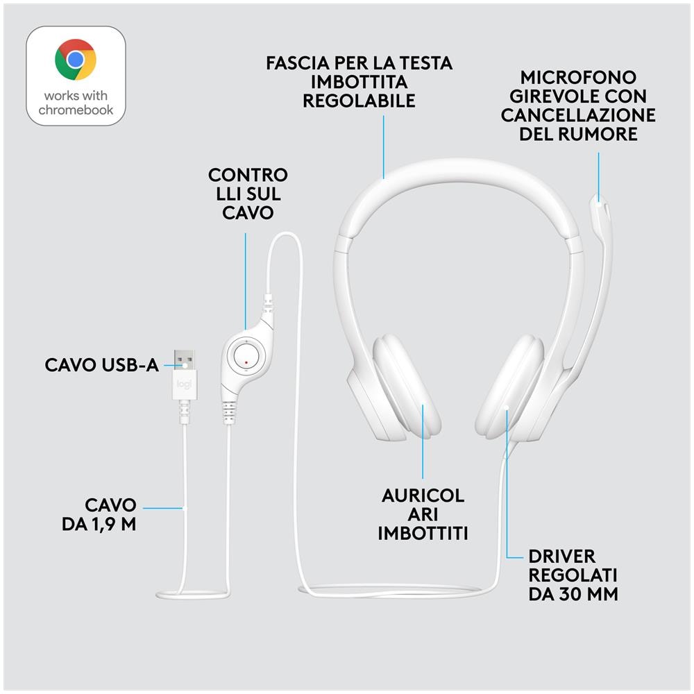 Cuffie H390 con Connessione USB Cancellazione Rumore del Microfono Colore Bianco - Foto 9