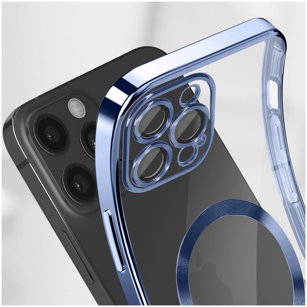 Cover Magsafe Per Iphone 12 Pro Silicone Protezione Fotocamera Bordo Cromato Blu - Foto 2