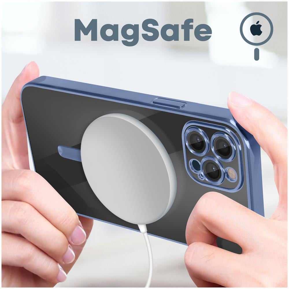 Cover Magsafe Per Iphone 12 Pro Silicone Protezione Fotocamera Bordo Cromato Blu - Foto 4