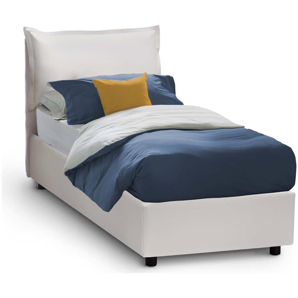 Letto Singolo Carmen, Letto Contenitore Con Rivestimento In Ecopelle, 100% Made In Italy, Apertura Frontale, Con Materasso Cm 90x190 Incluso, Bianco - Foto 1