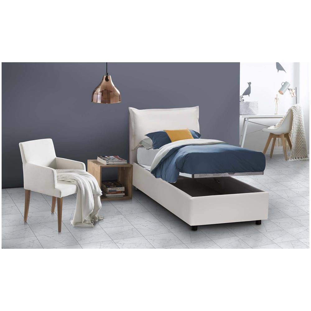 Letto Singolo Carmen, Letto Contenitore Con Rivestimento In Ecopelle, 100% Made In Italy, Apertura Frontale, Con Materasso Cm 90x190 Incluso, Bianco - Foto 4