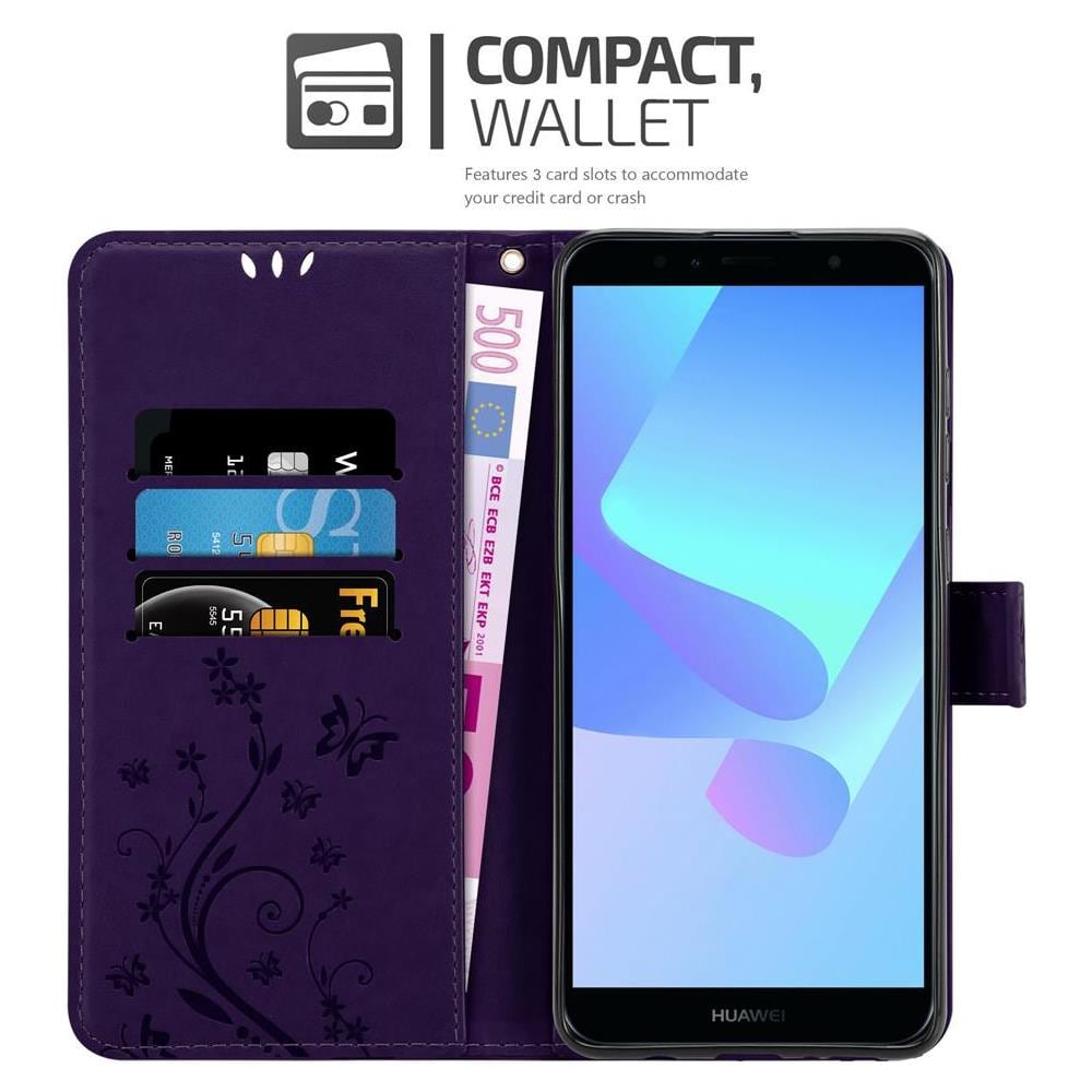 Custodia Compatibile Con Huawei Y6 Prime 2018/honor 7a In Lilla Scuro Fiore - Coperchio Protettivo In Design Floreale Con Chiusura Magnetica, Funzione Stand E Slot Per Carte - Foto 2