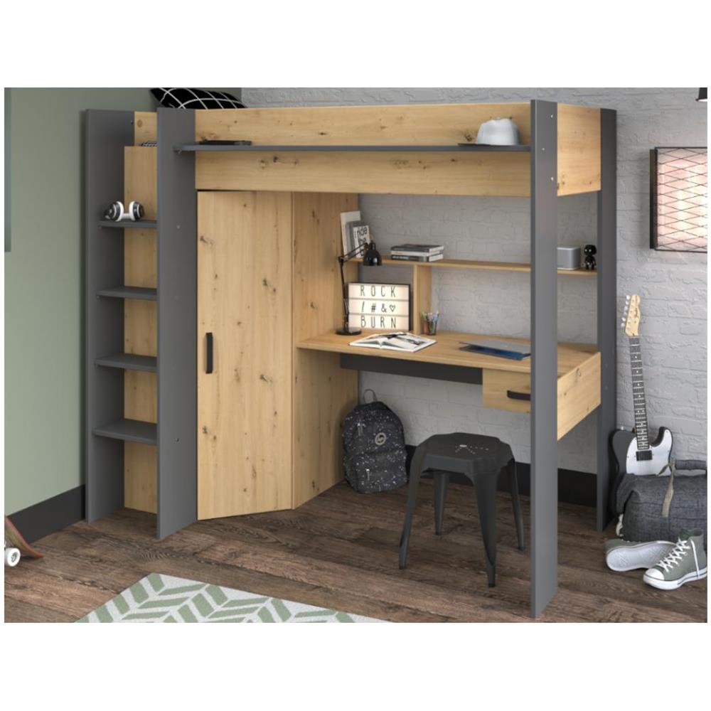 Letto A Soppalco Con Scrivania E Armadio 90 X 200 Cm Rovere E Antracite - Auckland - Foto 2
