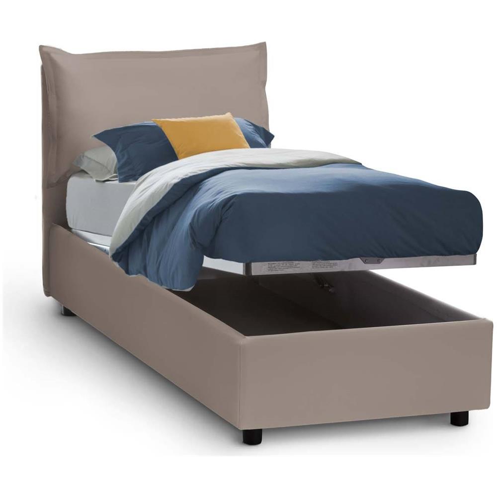 Letto Singolo Erika, Letto Contenitore Con Rivestimento In Ecopelle, 100% Made In Italy, Apertura Frontale, Adatto Per Materasso Cm 90x190, Tortora - Foto 2
