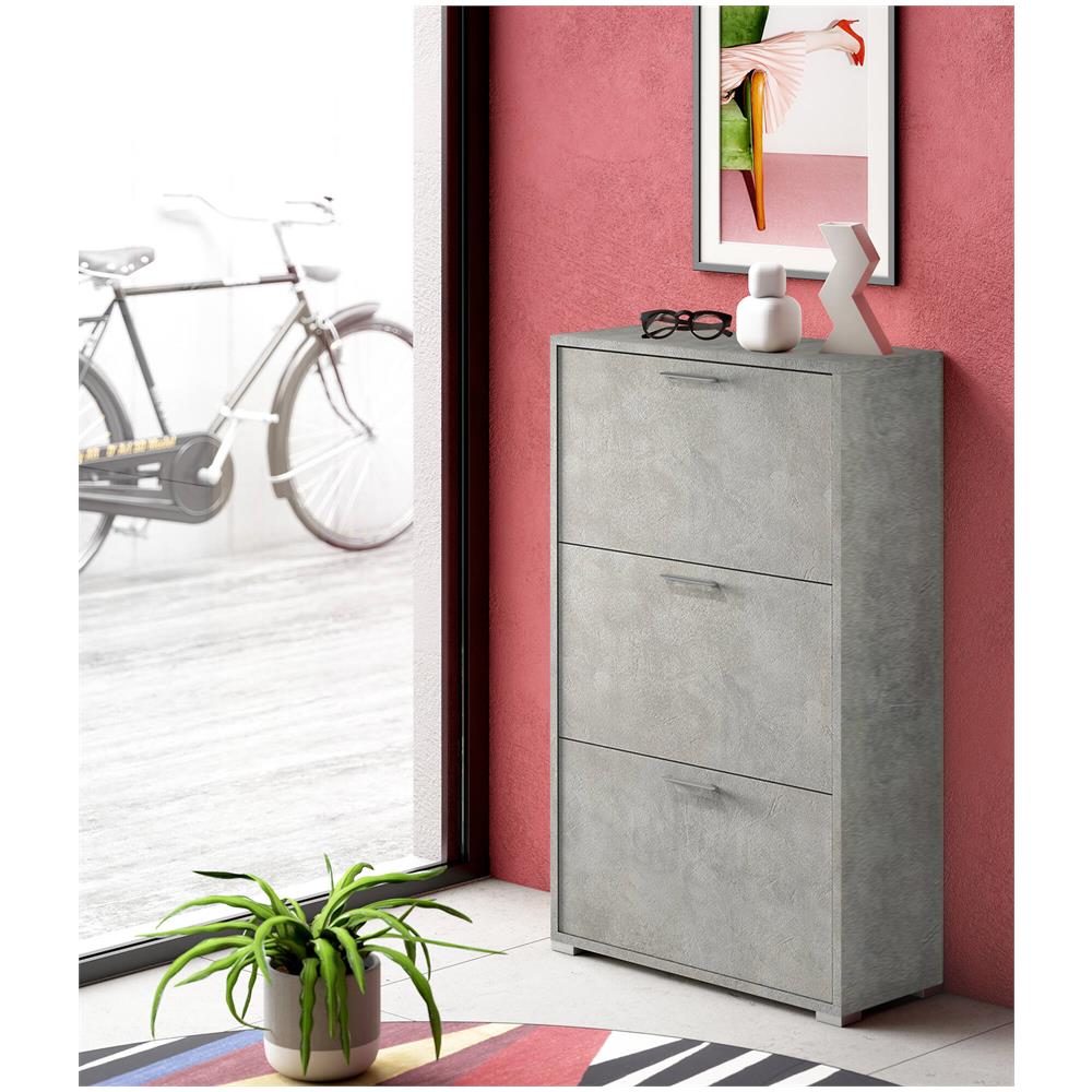 Scarpiera Peonia, Mobile Multiuso Da Ingresso Con 3 Ante A Ribalta, Armadietto Portascarpe A Doppia Profondità, 100% Made In Italy, 67x28h112 Cm, Cemento - Foto 1