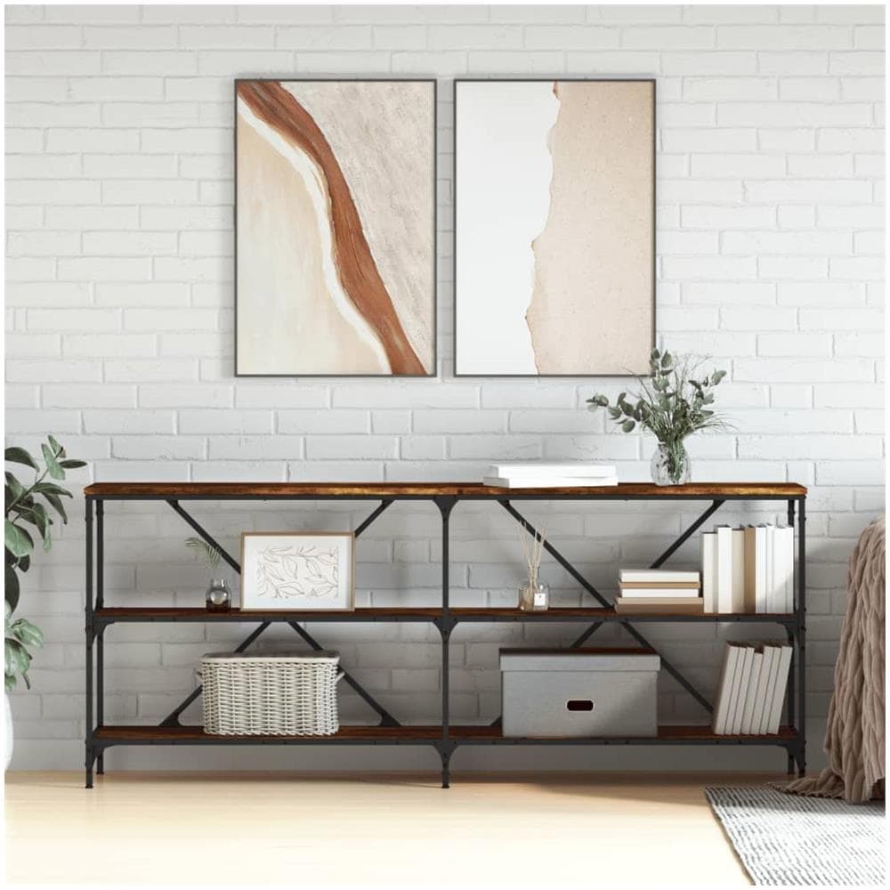 Tavolo Consolle Rovere Fumo 180x30x75cm Legno Multistrato Ferro - Foto 1