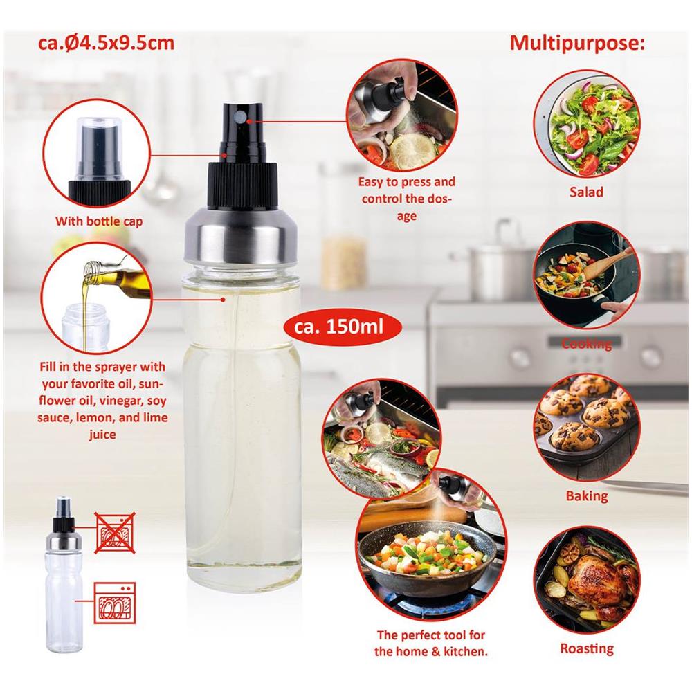 Spruzzino Dosatore Spray per Olio da Cucina Capienza 150ml in Acciaio e Vetro - Foto 2