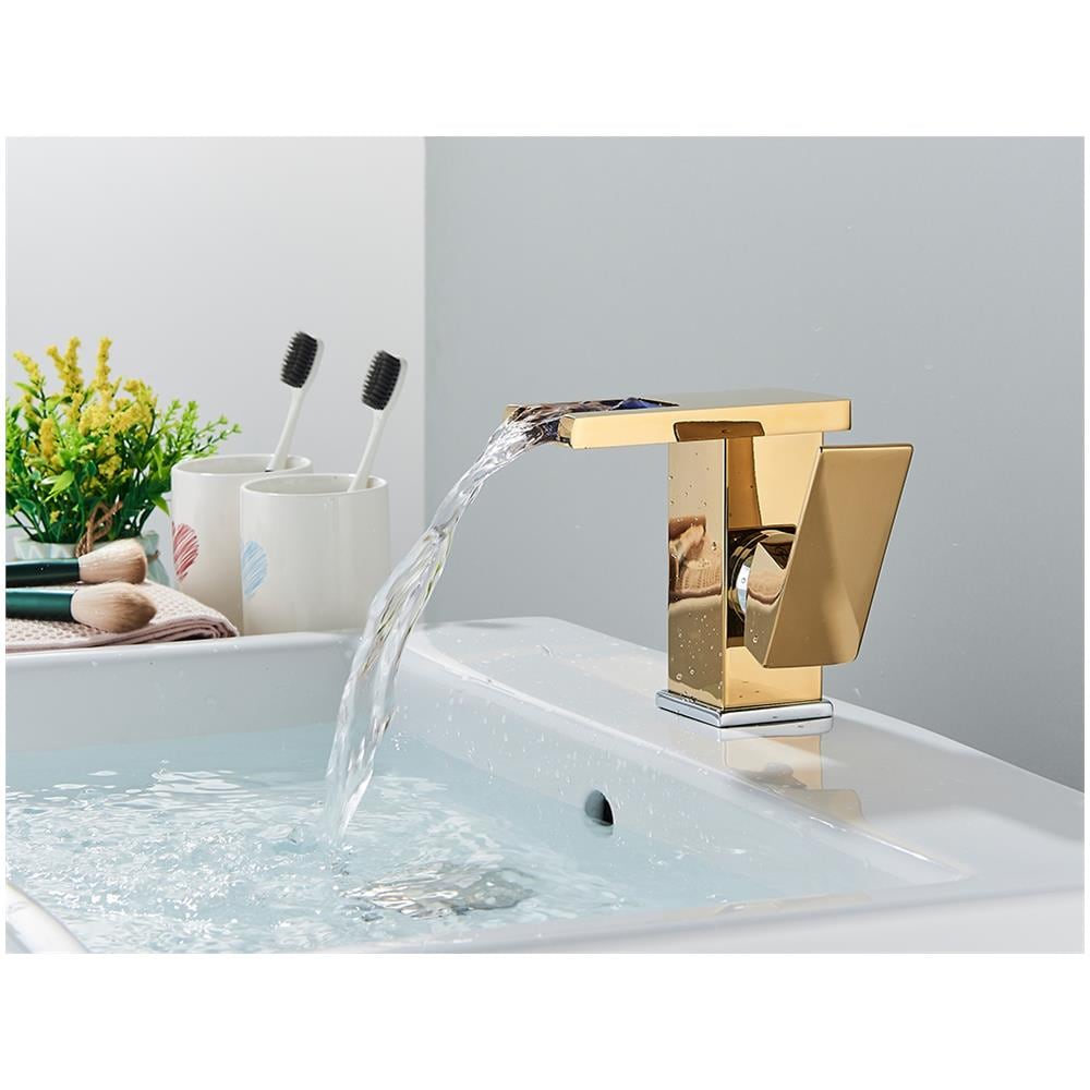 Rubinetto per lavabo da bagno, Blackswan, tipo M191, modello corto oro /cromo con bocca a cascata e LED, misura 12,5 cm - Foto 4