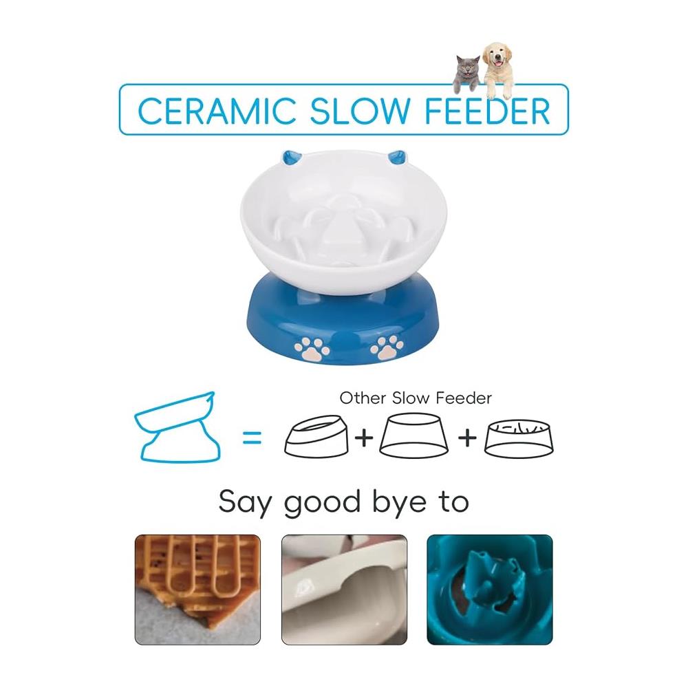 Mangiatoia lenta per cani e gatti Ciotola per gatti rialzata inclinata, blu e bianca - Foto 2