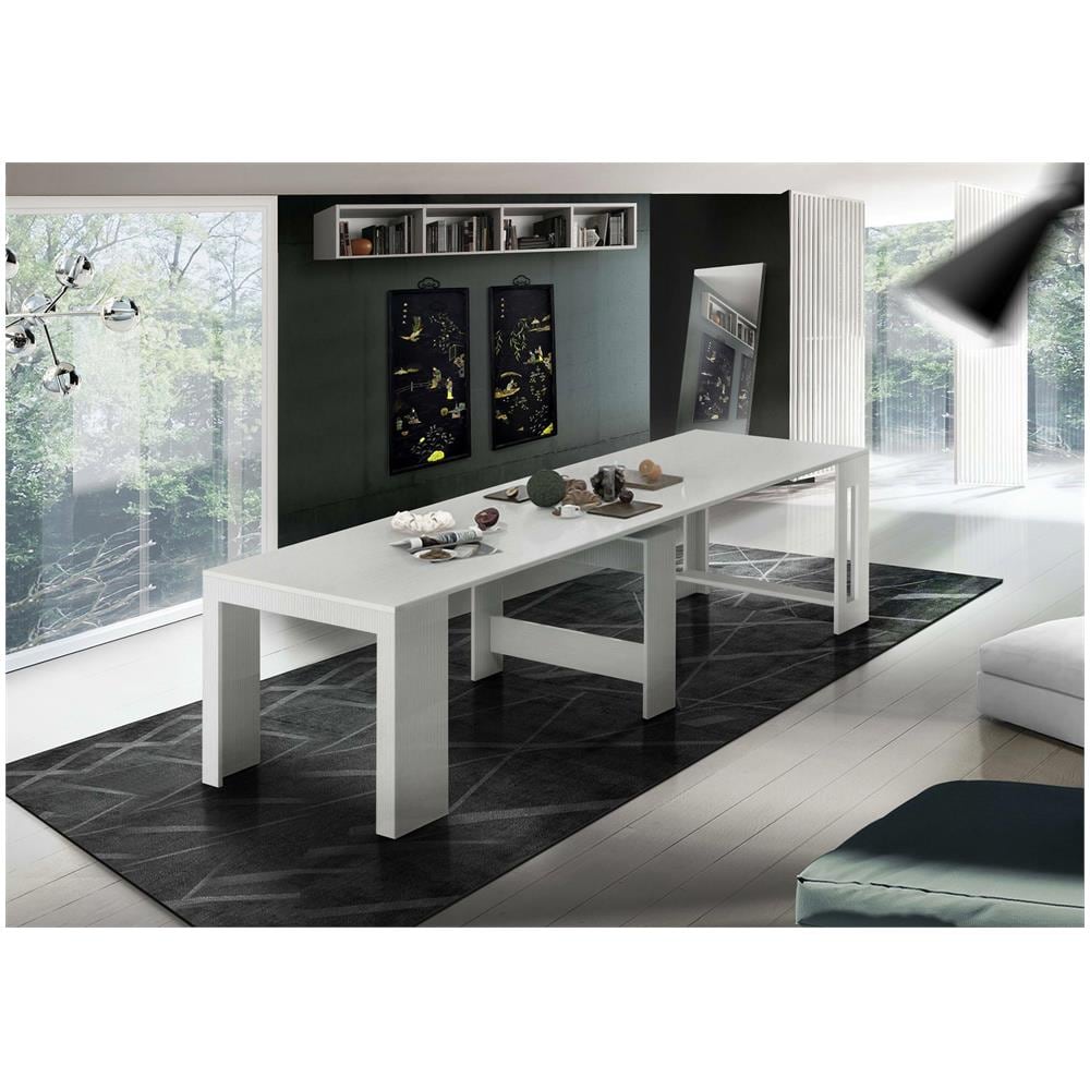 Tavolo Allungabile Martino, Consolle Allungabile Fino A 12 Posti, Tavolo Con Portallunghe, 100% Made In Italy, Cm 51/300x90h77, Bianco Lucido Larice - Foto 1