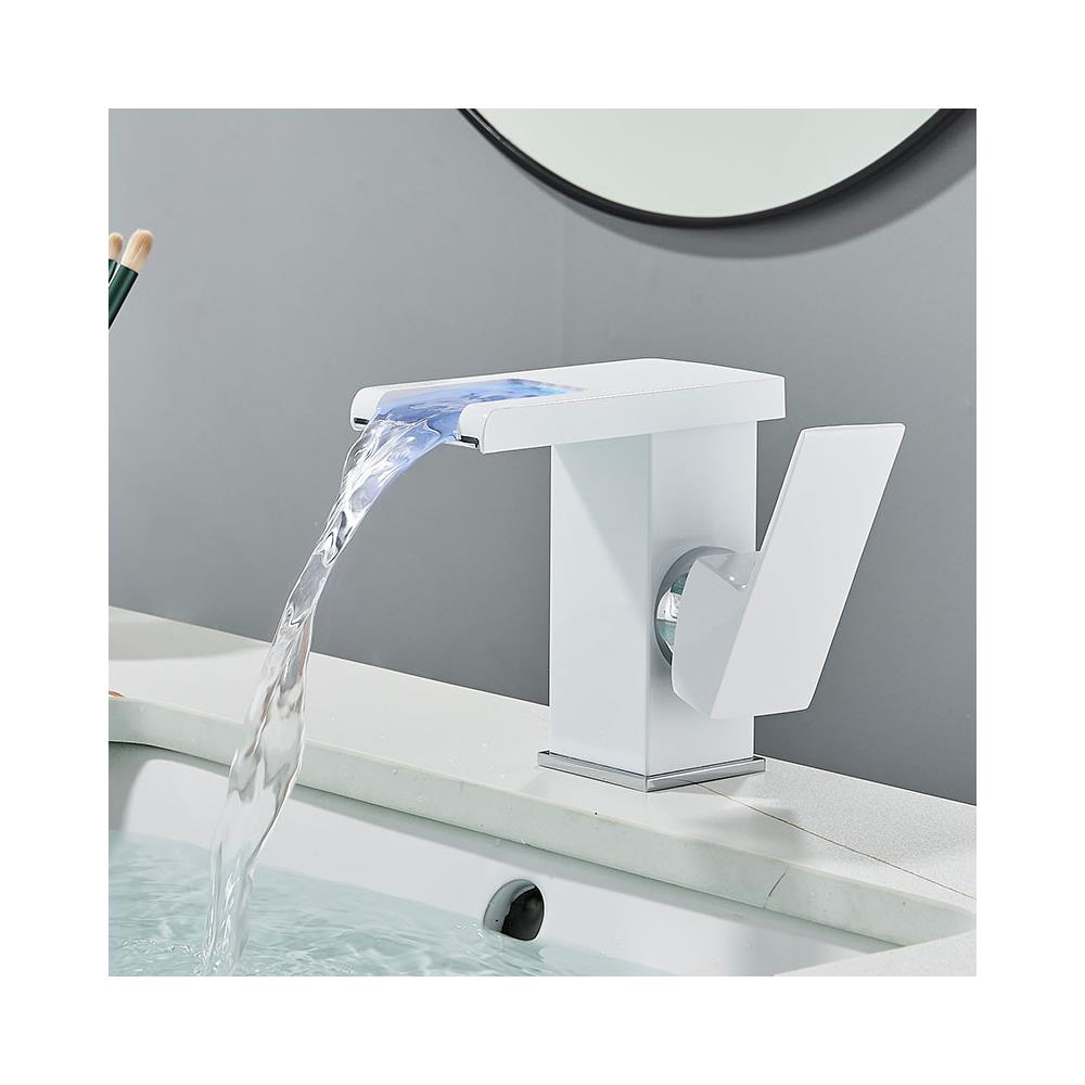 Rubinetto per lavabo da bagno, Blackswan, tipo M190, modello corto bianco con bocca a cascata e LED, misura 12,5 cm - Foto 4